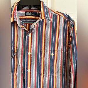 Polo Ralph Lauren Shirt Men’s L Blue Red Multi Stripe Button Long Sleeve Classic